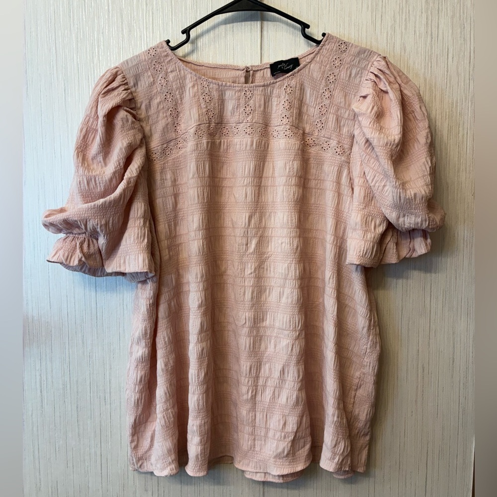 Milk & Honey Blush‎ Pink Textured Blouse w/ Eyelet & Ruffled Puff Sleeves (2X)